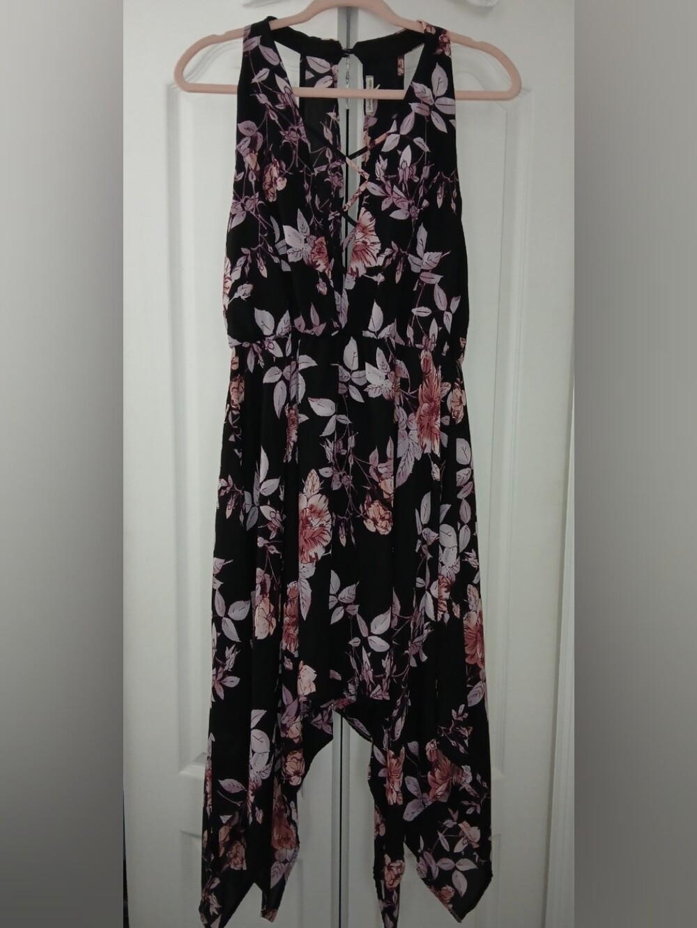 Dress Barn Black Floral Asymmetrical Dress with Lace-Up V-Neck